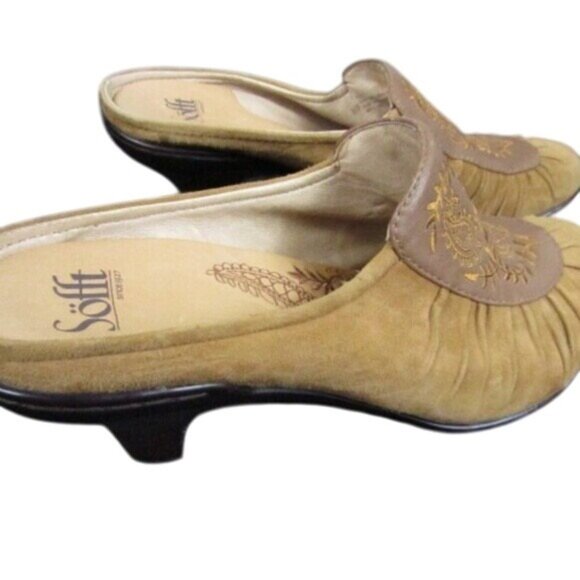 Sofft Embroidered Slip-On Mule Heels Tan Suede Size 8.5 - Picture 4 of 8